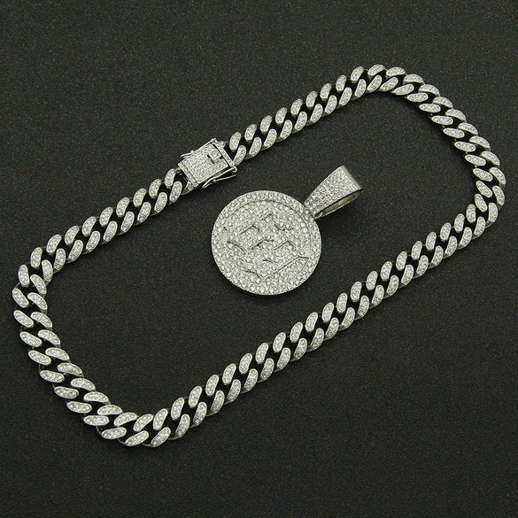Alloy Hiphop Style Digital Round Pendant Cuban Chain Necklace With Diamond And Letters Numbers Text Design