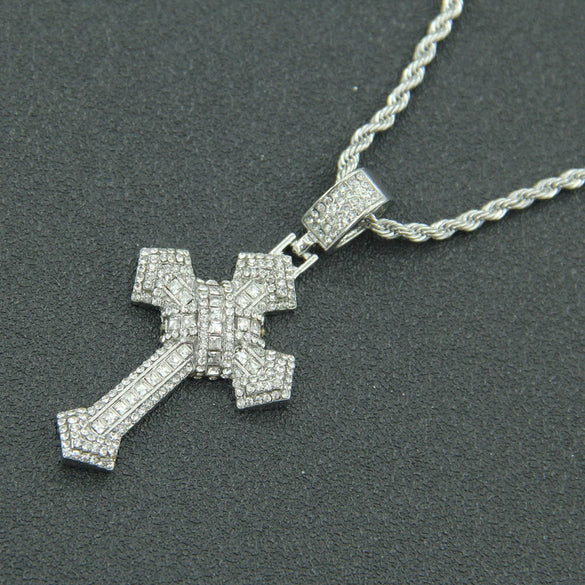 Alloy Hiphop Threedimensional Diamond Cross Pendant Necklace