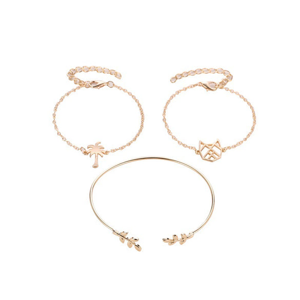Alloy Hollow Cat And Leaf Threepiece Bracelet For Women With Electroplating