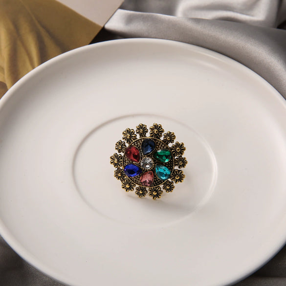 Alloy Hollow Flower Opening Ring For Women With Diamond Design Retro Fashion Style