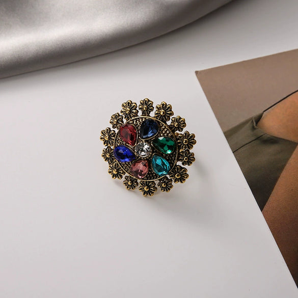 Alloy Hollow Flower Opening Ring For Women With Diamond Design Retro Fashion Style