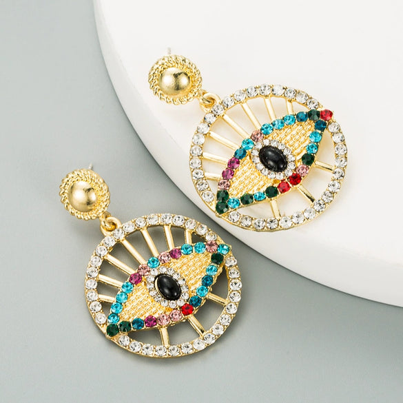 Alloy Hollow Round Turkish Eye Diamond Earrings For Women Retro Fashion Jewelry