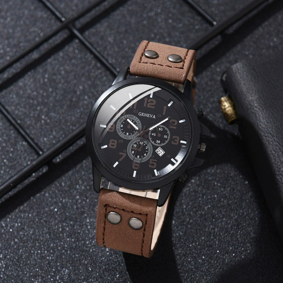 Alloy Imitation Leather Ordinary Glass Mirror Round Dial Men's Leisure Quartz Watch Set