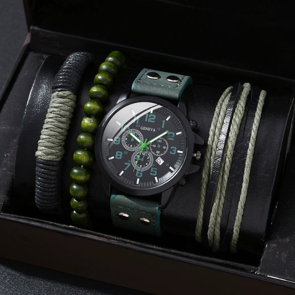 Alloy Imitation Leather Ordinary Glass Mirror Round Dial Men's Leisure Quartz Watch Set