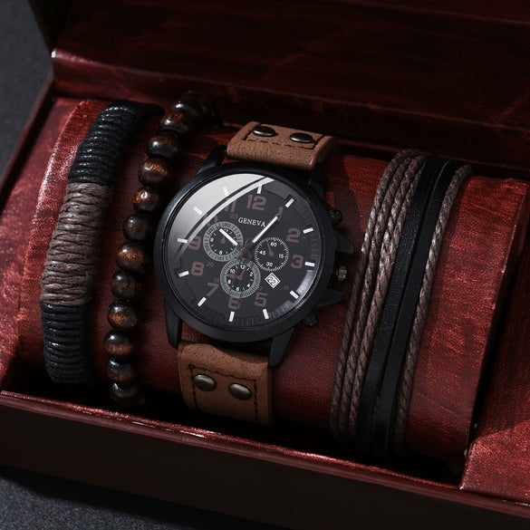 Alloy Imitation Leather Ordinary Glass Mirror Round Dial Men's Leisure Quartz Watch Set