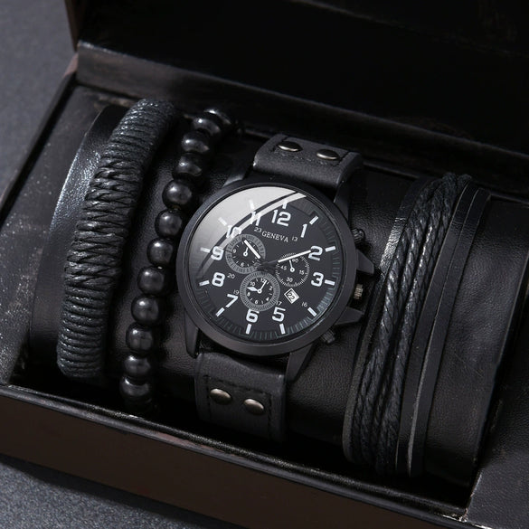 Alloy Imitation Leather Ordinary Glass Mirror Round Dial Men's Leisure Quartz Watch Set