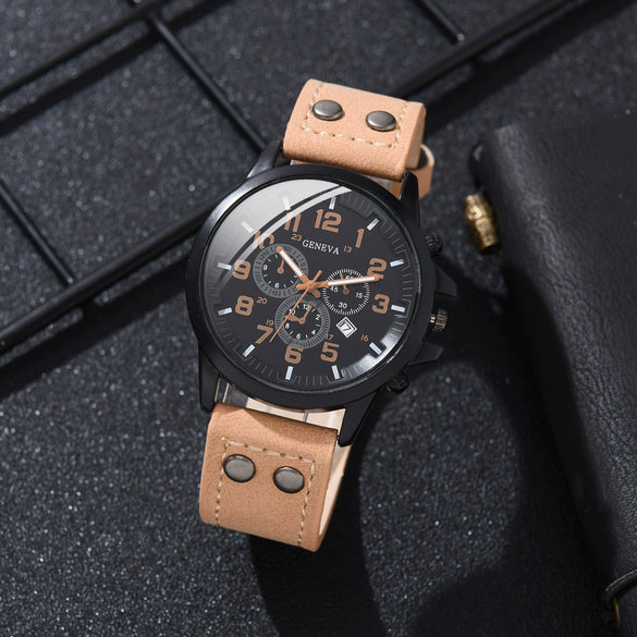 Alloy Imitation Leather Ordinary Glass Mirror Round Dial Men's Leisure Quartz Watch Set