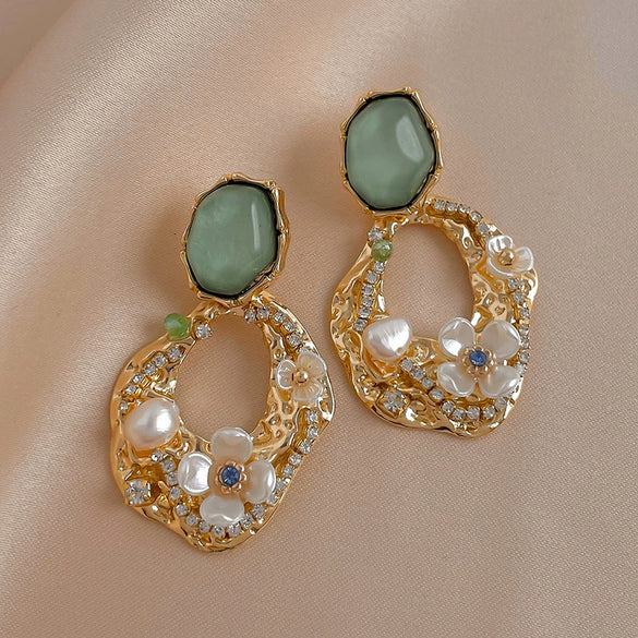 Alloy Imitation Pearl Rhinestone Geometric Flower Retro Earrings For Women
