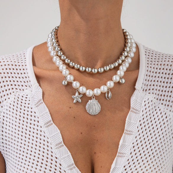 Alloy Imitation Pearl Star Geometric Clavicle Chain Necklace With Electroplating For Women