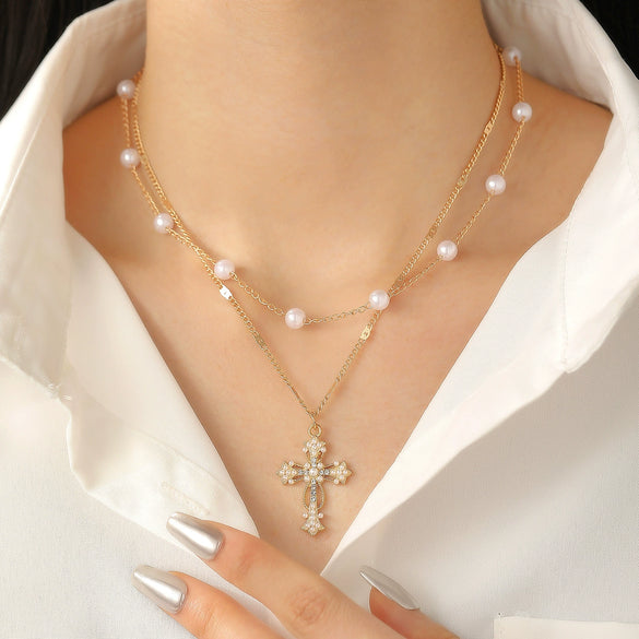 Alloy Imitation Pearl Virgin Cross Long Necklace With Electroplating For Women