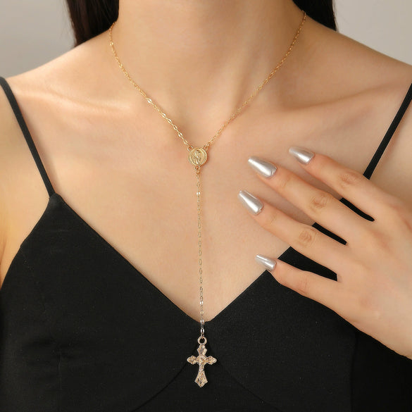 Alloy Imitation Pearl Virgin Cross Long Necklace With Electroplating For Women