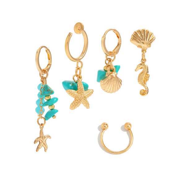 Alloy Imitation Turquoise Star Geometric Pendant Ear Bone Clip Earrings Set With Electroplating