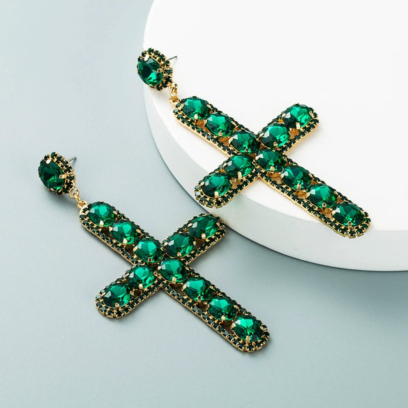 Alloy Inlaid Color Diamond Crossshaped Women's Highend Long Earrings