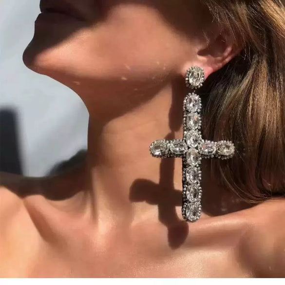 Alloy Inlaid Color Diamond Crossshaped Women's Highend Long Earrings