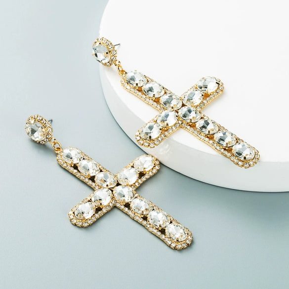 Alloy Inlaid Color Diamond Crossshaped Women's Highend Long Earrings