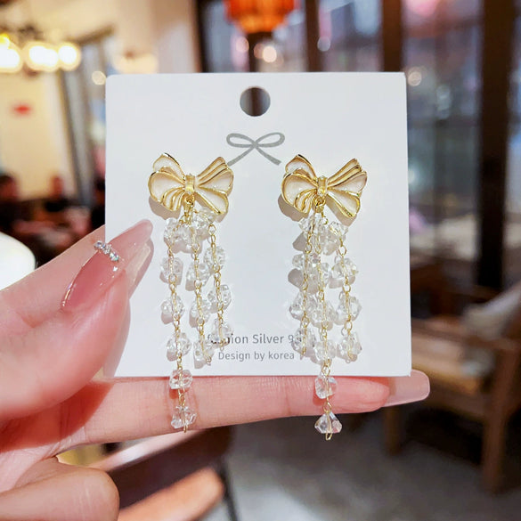 Alloy Inlaid Crystal Bow Tassel Earrings For Women