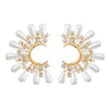 Alloy Inlaid Diamond And Pearl Halfmoon Flower Earrings For Women