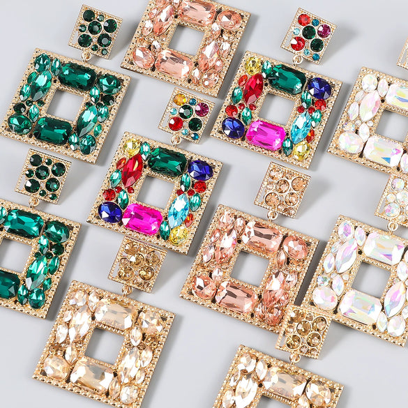 Alloy Inlaid Diamond Glass Multilayer Square Geometric Earrings Women's Fashion