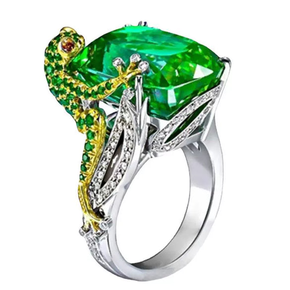 Alloy Inlaid Green Zircon Golden Chameleon Lizard Ring Hand Jewelry For Women With Electroplating And Natural Geometric Style And Animal Zodiac Pattern