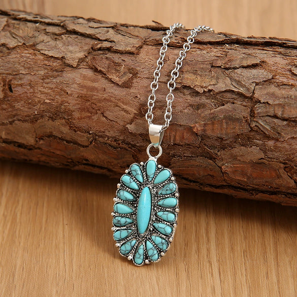 Alloy Inlaid Turquoise Pendant Necklace Electroplated Water Wave Chain Vintage Style