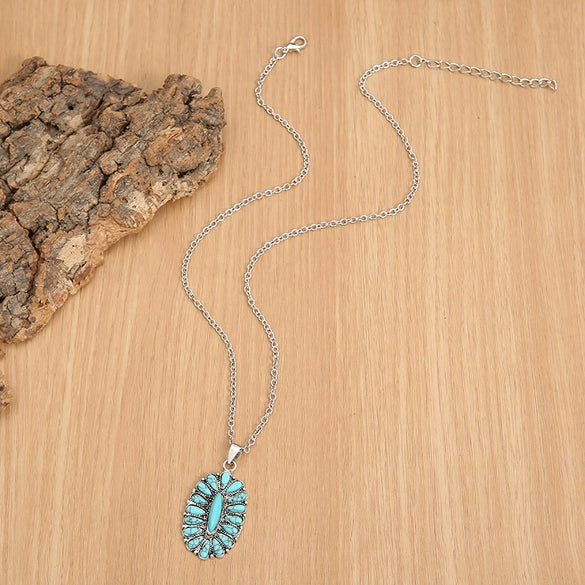 Alloy Inlaid Turquoise Pendant Necklace Electroplated Water Wave Chain Vintage Style