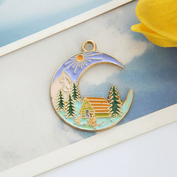 Alloy Jewelry Accessories With Moon Car House Forest Cartoon Pendant And Dripping Oil Design