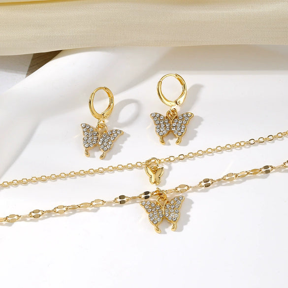 Alloy Jewelry Set With Micro Inlaid Zircon Double Butterfly Love Heart Water Drop Bell Design For Ladies