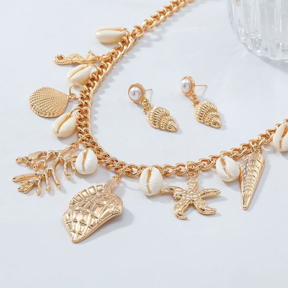 Alloy Jewelry With Marine Life Pattern Electroplated For Women Fashion Including Necklace And Earrings With Starfish Conch Design
