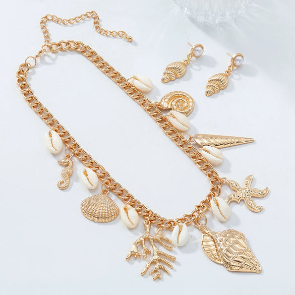 Alloy Jewelry With Marine Life Pattern Electroplated For Women Fashion Including Necklace And Earrings With Starfish Conch Design