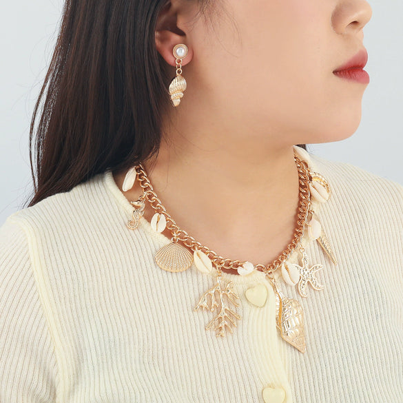 Alloy Jewelry With Marine Life Pattern Electroplated For Women Fashion Including Necklace And Earrings With Starfish Conch Design