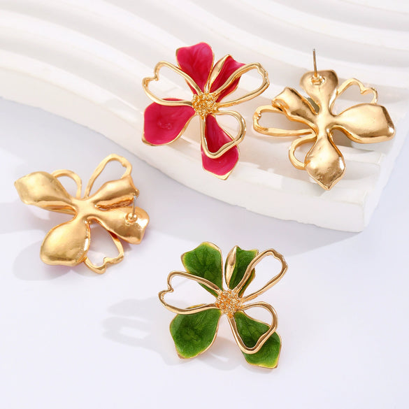 Alloy 14K Gold Electroplated Doublelayer Flower Petal Women's Retro Sweet Earrings