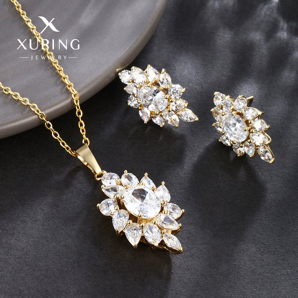 Alloy 14K Gold Plated Inlaid Zircon Women's Earrings And Pendant Necklace Set