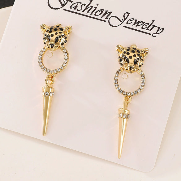 Alloy Leopard Head Cone Pendant Earrings With Diamond For Women