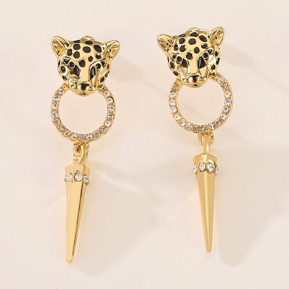 Alloy Leopard Head Cone Pendant Earrings With Diamond For Women