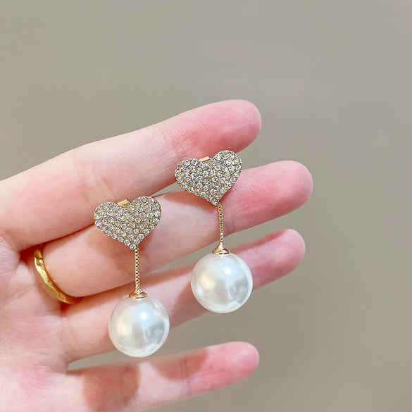 Alloy Light Luxury Heart Shape Electroplated Pearlencrusted Diamond Women's Earrings