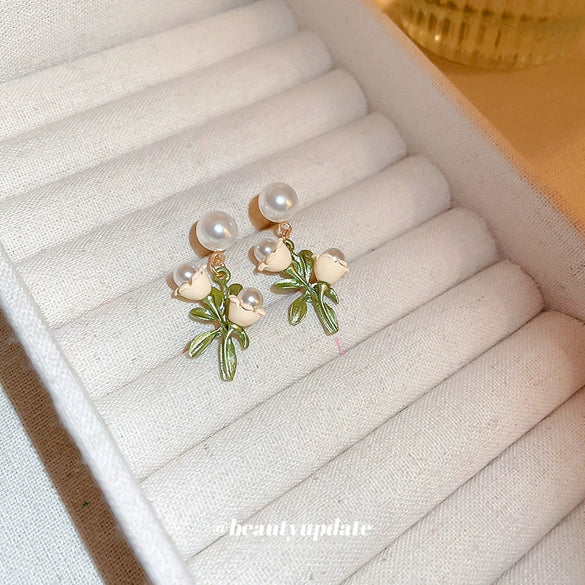 Alloy Lily Of The Valley Flower Leaf Earrings Set With Pearls For Women
