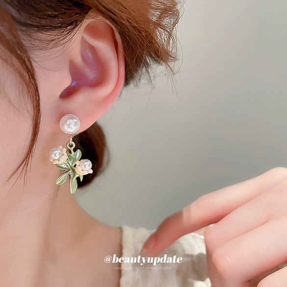 Alloy Lily Of The Valley Flower Leaf Earrings Set With Pearls For Women