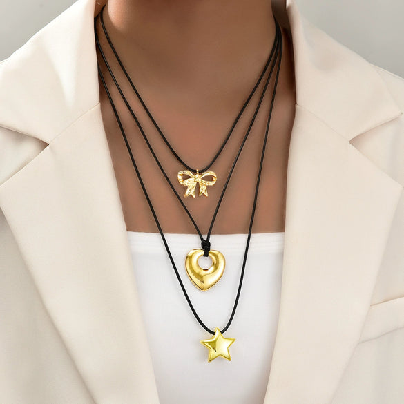 Alloy Love Bow Star Pendant Necklace Threepiece Set Electroplated For Women
