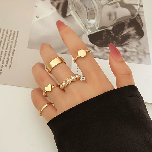 Alloy Love Heart Pearl Joint Ring Set For Women With Electroplating