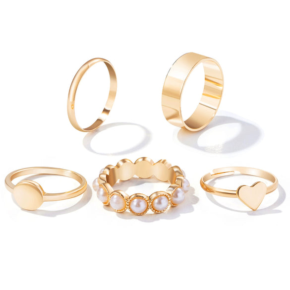 Alloy Love Heart Pearl Joint Ring Set For Women With Electroplating