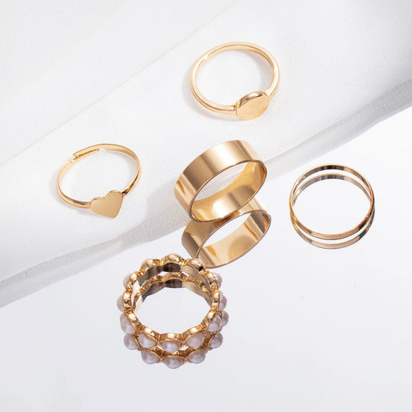 Alloy Love Heart Pearl Joint Ring Set For Women With Electroplating