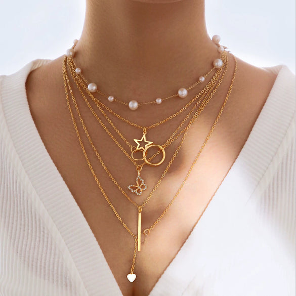 Alloy Love Pearl Necklace Set With Fivepointed Star Circle Butterfly Heart Geometric Animal Zodiac Patterns Electroplated For Women