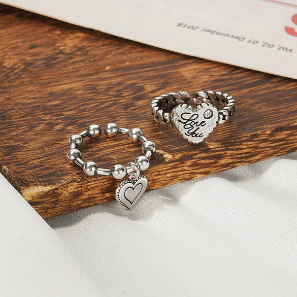 Alloy Love Pendant Ring Set Creative Retro Cartoon Heart Sculpture Unisex