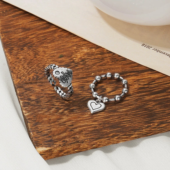 Alloy Love Pendant Ring Set Creative Retro Cartoon Heart Sculpture Unisex