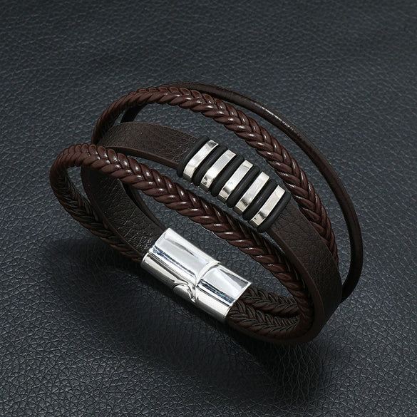 Alloy Magnet Buckle Leather Rope Handmade Geometric Vintage Bracelet For Men
