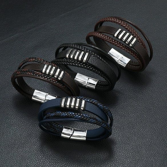 Alloy Magnet Buckle Leather Rope Handmade Geometric Vintage Bracelet For Men