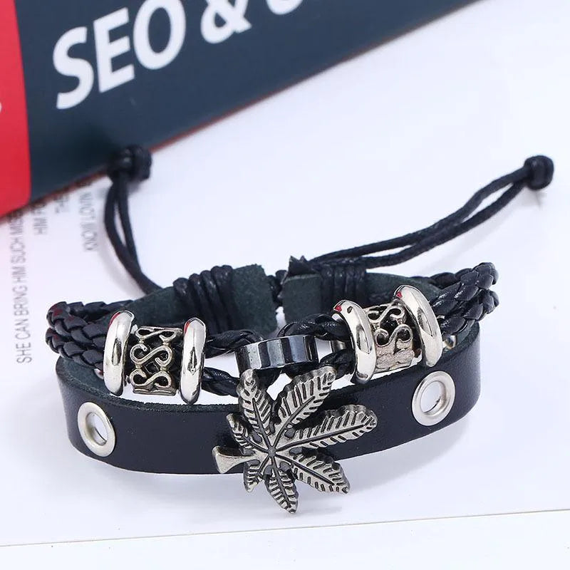 Alloy Maple Leather Beaded Bracelet For Men