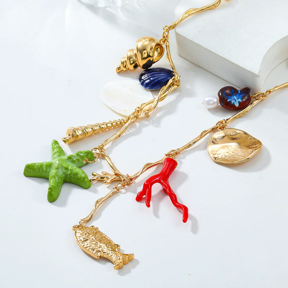 Alloy Marine Life Shell Conch Star Geometric Pendant Women's Snake Bone Chain Necklace