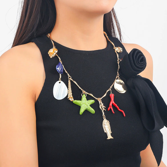 Alloy Marine Life Shell Conch Star Geometric Pendant Women's Snake Bone Chain Necklace