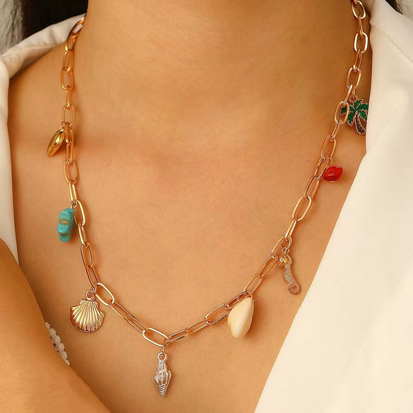 Alloy Marine Life Starfish Shell Pendant Necklace And Bracelet Set With Electroplating For Women